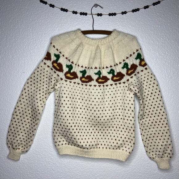 Handmade Sweaters - Vintage Handmade Knit Cream Mallard Sweater